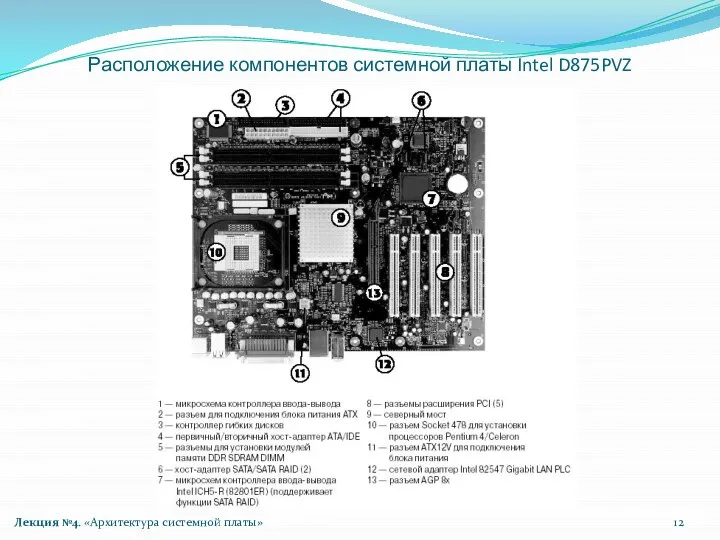 Расположение компонентов системной платы Intel D875PVZ Лекция №4. «Архитектура системной платы»