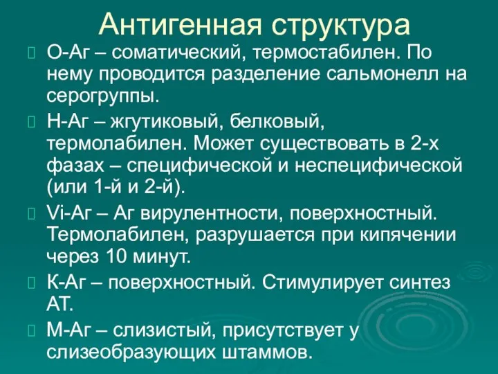 Антигенная структура О-Аг – соматический, термостабилен. По нему проводится разделение сальмонелл на