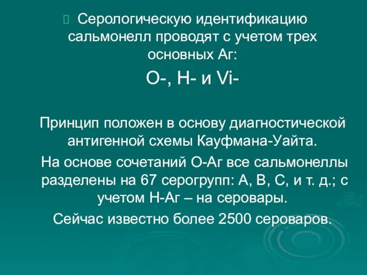 Серологическую идентификацию сальмонелл проводят с учетом трех основных Аг: О-, Н- и