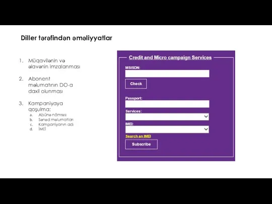 Diller tərəfindən əməliyyatlar Müqavilənin və əlavənin imzalanması Abonent məlumatının DO-a daxil olunması