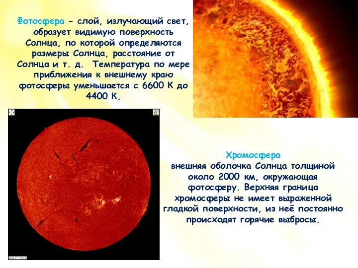 Фотосфера - слой, излучающий свет, образует видимую поверхность Солнца, по которой определяются