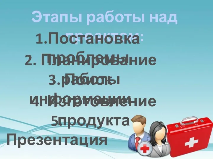 Этапы работы над проектом: 1.Постановка проблемы 2. Планирование работы 3. Поиск информации