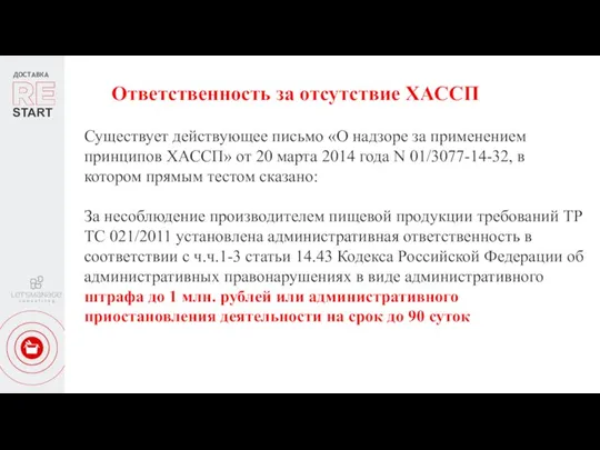 ДОСТАВКА START Ответственность за отсутствие ХАССП Существует действующее письмо «О надзоре за