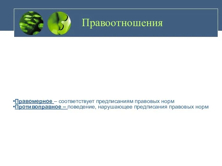 Правоотношения Правомерное – соответствует предписаниям правовых норм Противоправное – поведение, нарушающее предписания правовых норм