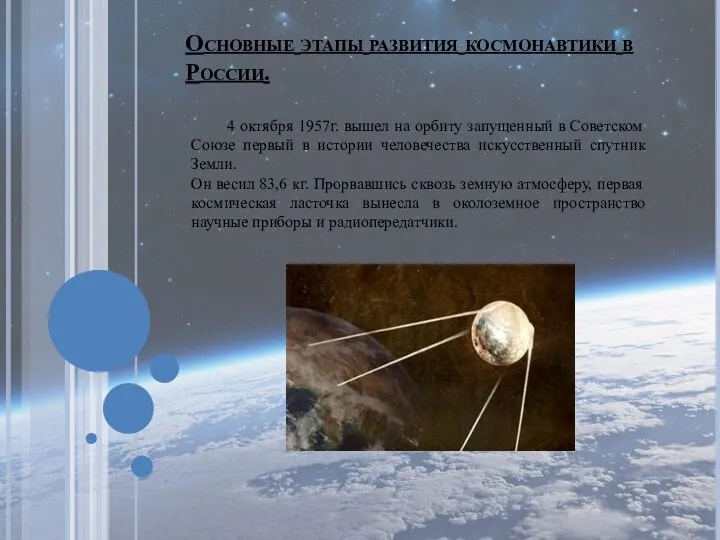 Основные этапы развития космонавтики в России. 4 октября 1957г. вышел на орбиту