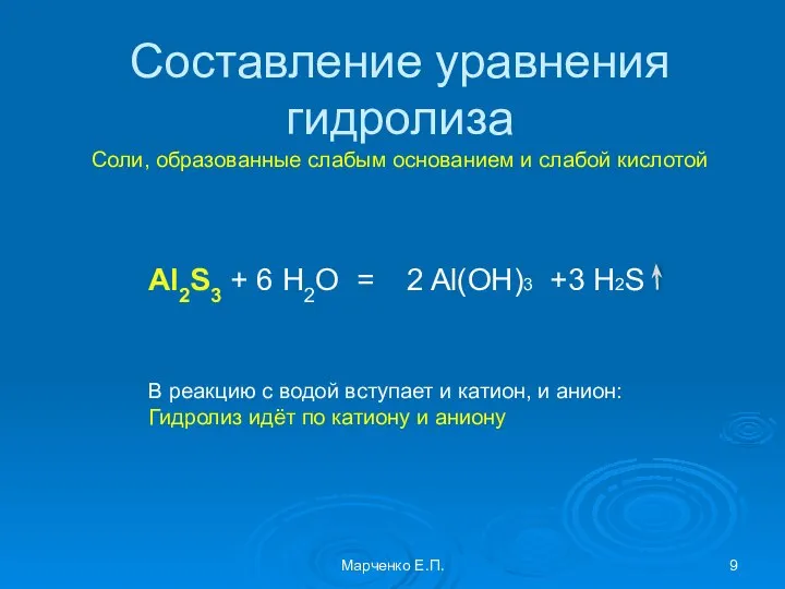 Составление уравнения гидролиза Соли, образованные слабым основанием и слабой кислотой Al2S3 +