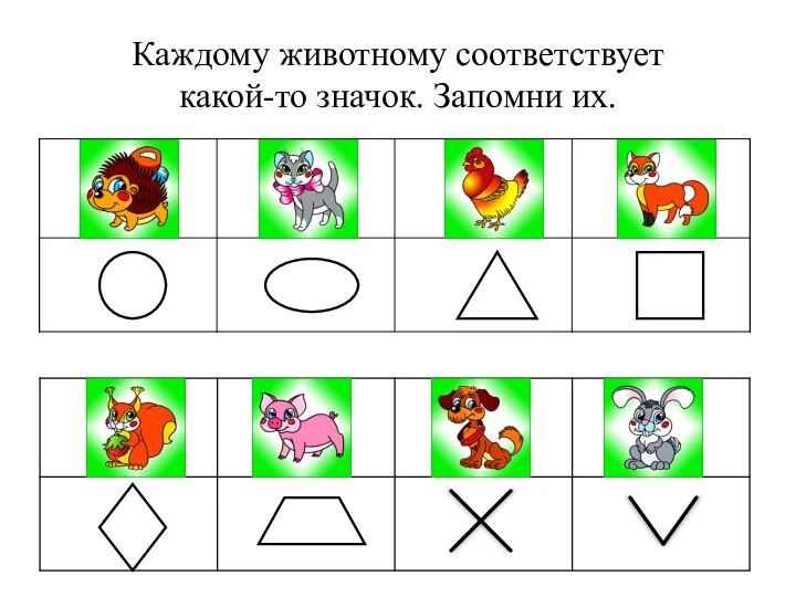 Каждому животному соответствует какой-то значок. Запомни их.