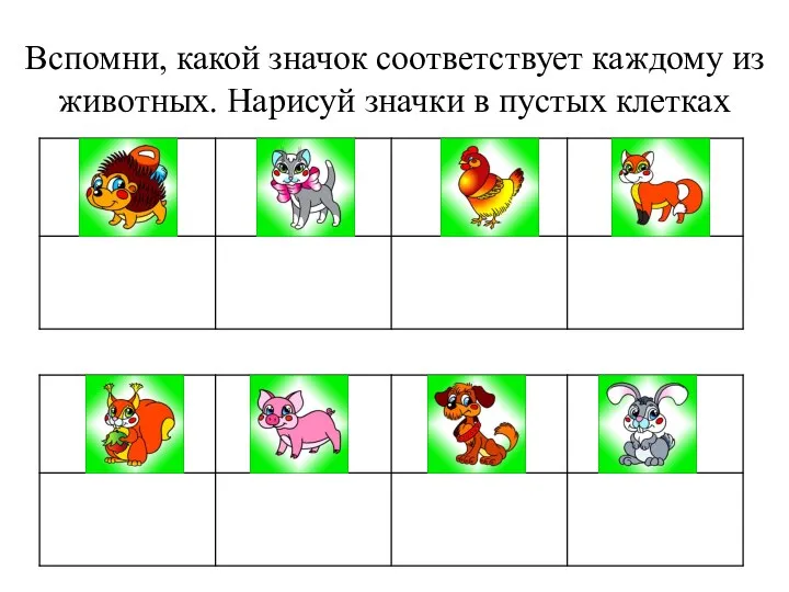 Вспомни, какой значок соответствует каждому из животных. Нарисуй значки в пустых клетках