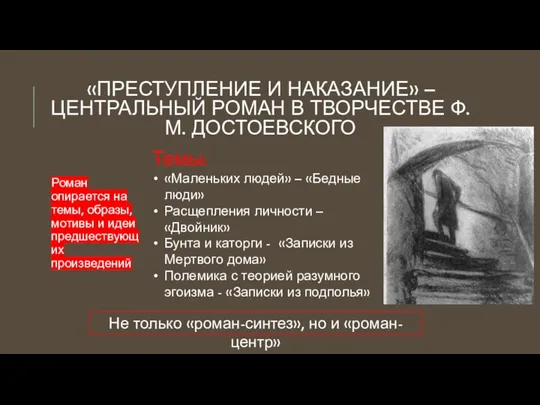 «ПРЕСТУПЛЕНИЕ И НАКАЗАНИЕ» – ЦЕНТРАЛЬНЫЙ РОМАН В ТВОРЧЕСТВЕ Ф.М. ДОСТОЕВСКОГО Роман опирается