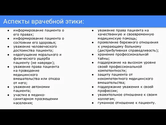 Аспекты врачебной этики: информирование пациента о его правах; информирование пациента о состоянии