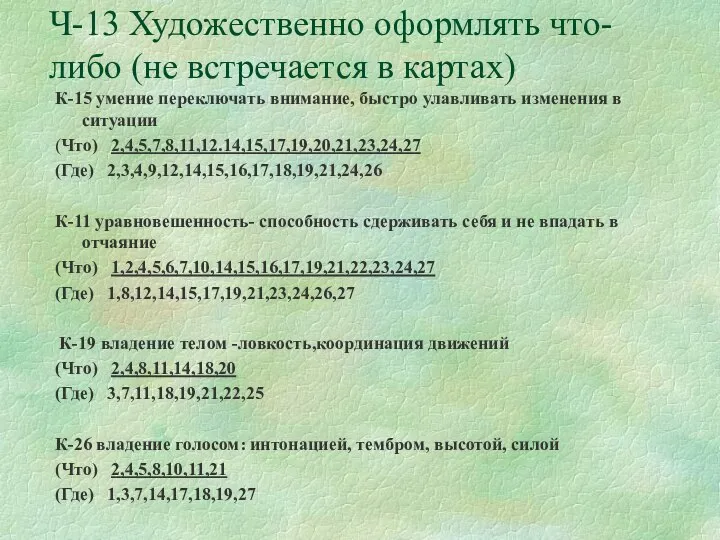 Ч-13 Художественно оформлять что-либо (не встречается в картах) К-15 умение переключать внимание,