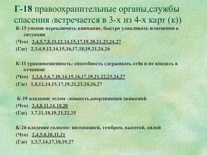 Г-18 правоохранительные органы,службы спасения (встречается в 3-х из 4-х карт (к)) К-15