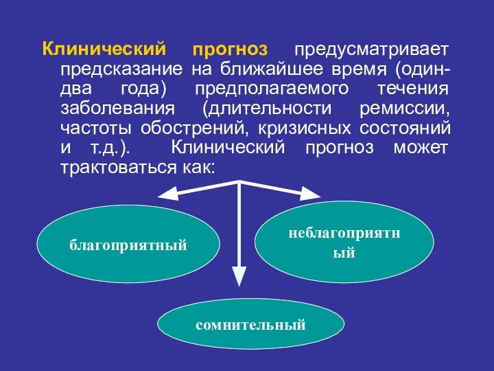 Клинический прогноз предусматривает предсказание на ближайшее время (один-два года) предполагаемого течения заболевания