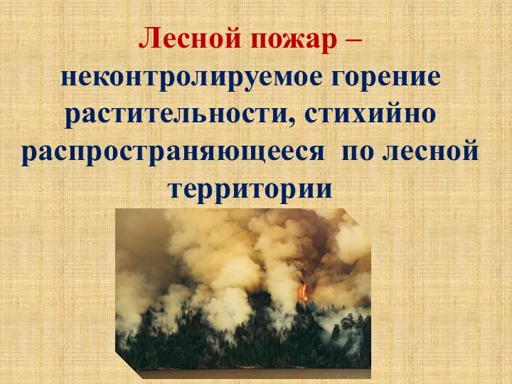 Лесной пожар – неконтролируемое горение растительности, стихийно распространяющееся по лесной территории
