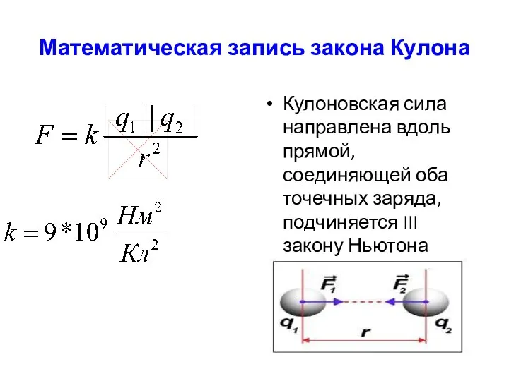 Математическая запись закона Кулона Кулоновская сила направлена вдоль прямой, соединяющей оба точечных