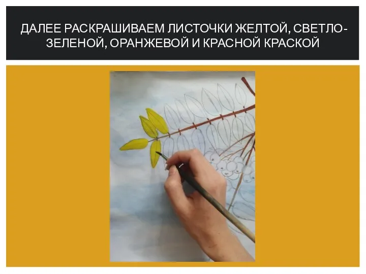 ДАЛЕЕ РАСКРАШИВАЕМ ЛИСТОЧКИ ЖЕЛТОЙ, СВЕТЛО-ЗЕЛЕНОЙ, ОРАНЖЕВОЙ И КРАСНОЙ КРАСКОЙ