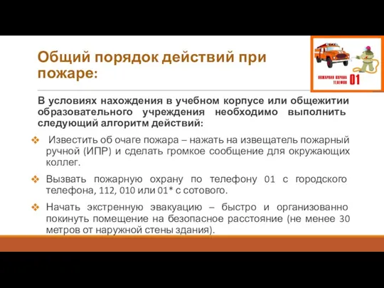 Общий порядок действий при пожаре: В условиях нахождения в учебном корпусе или