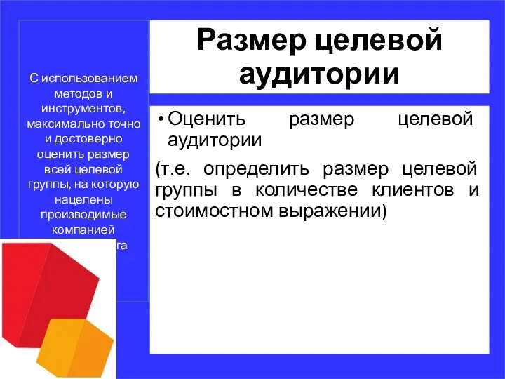 Размер целевой аудитории Оценить размер целевой аудитории (т.е. определить размер целевой группы