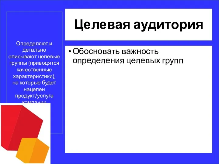 Целевая аудитория Обосновать важность определения целевых групп Определяют и детально описывают целевые