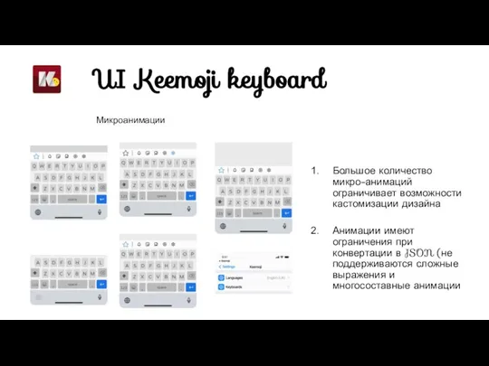 UI Keemoji keyboard Микроанимации Большое количество микро-анимаций ограничивает возможности кастомизации дизайна Анимации