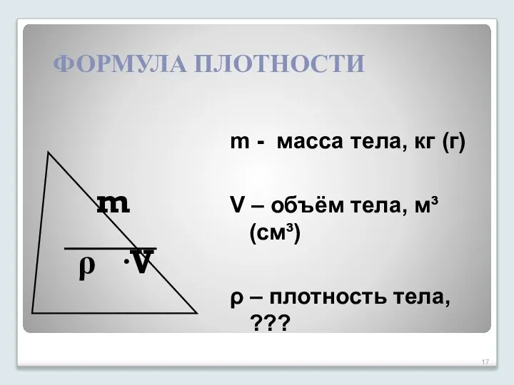 m ρ · V m - масса тела, кг (г) V –