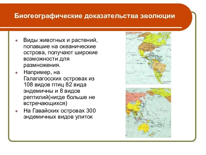 Биогеографические доказательства эволюции Виды животных и растений, попавшие на океанические острова, получают