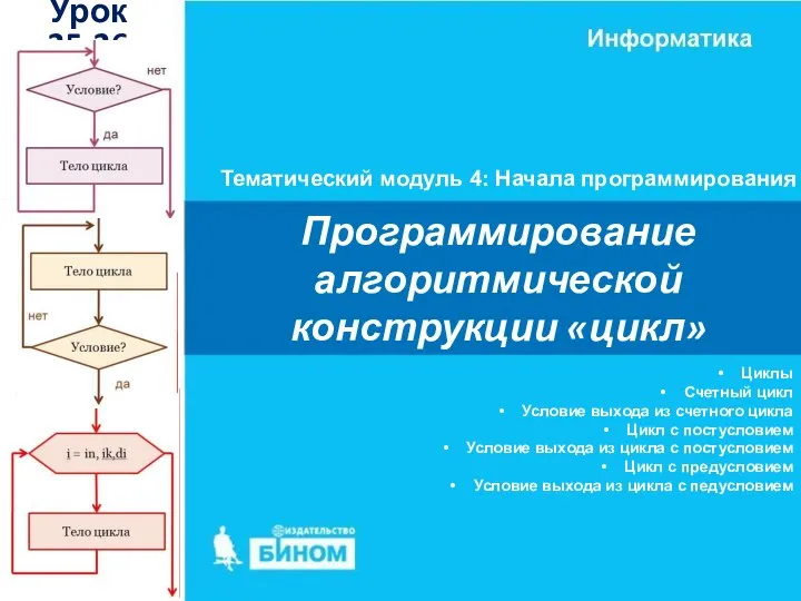 Программирование алгоритмической конструкции «цикл» Тематический модуль 4: Начала программирования Урок 25-26 Циклы