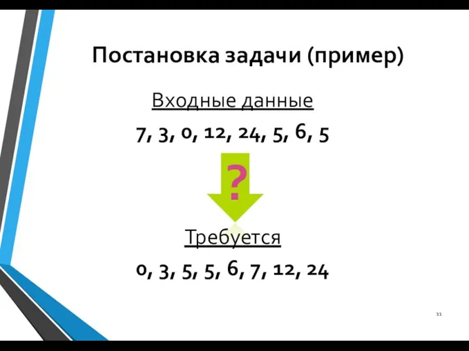 Постановка задачи (пример) Входные данные 7, 3, 0, 12, 24, 5, 6,