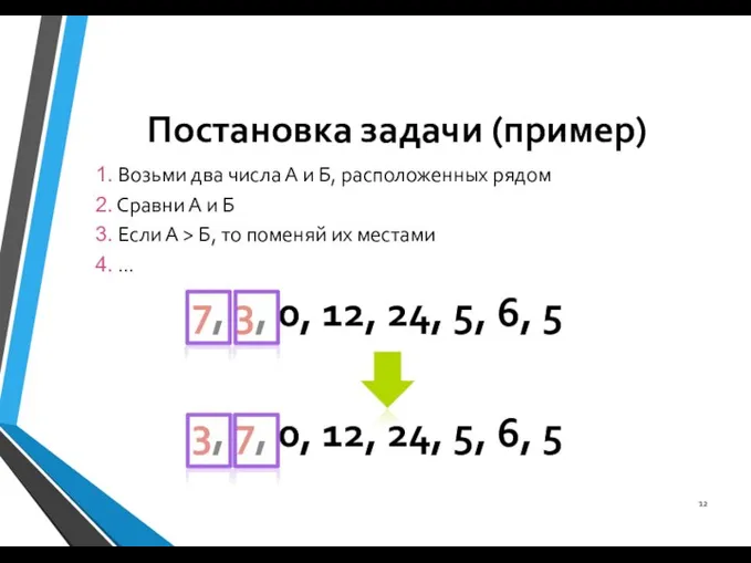 Постановка задачи (пример) Возьми два числа А и Б, расположенных рядом Сравни