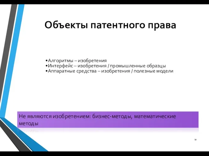 Объекты патентного права Алгоритмы – изобретения Интерфейс – изобретения / промышленные образцы