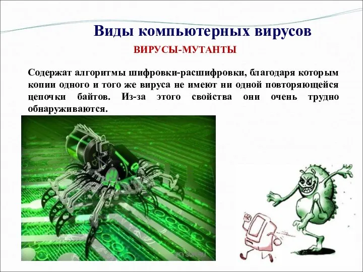 Виды компьютерных вирусов Содержат алгоритмы шифровки-расшифровки, благодаря которым копии одного и того