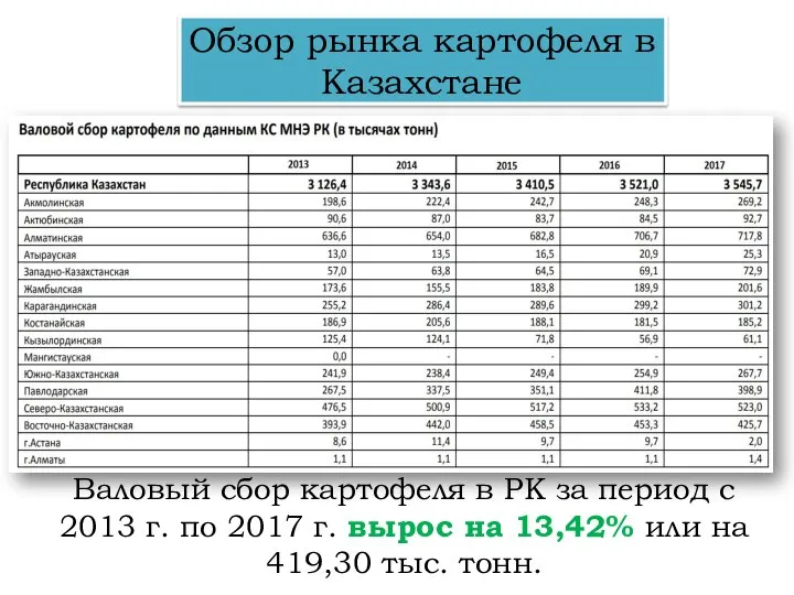 Обзор рынка картофеля в Казахстане Валовый сбор картофеля в РК за период