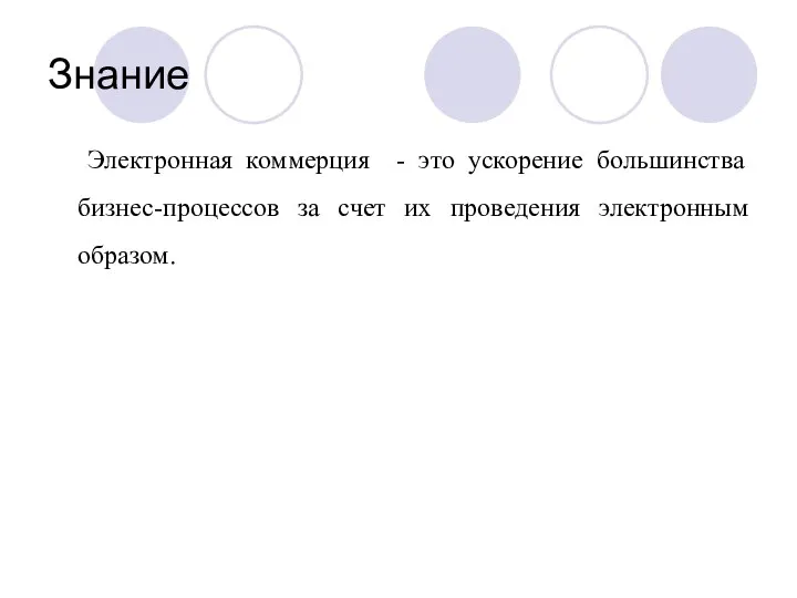 Знание Электронная коммерция - это ускорение большинства бизнес-процессов за счет их проведения электронным образом.