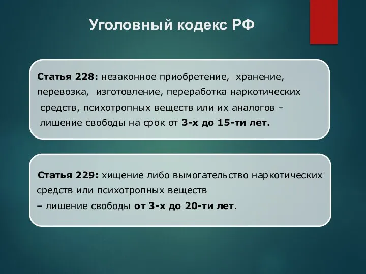 Статья 228: незаконное приобретение, хранение, перевозка, изготовление, переработка наркотических средств, психотропных веществ