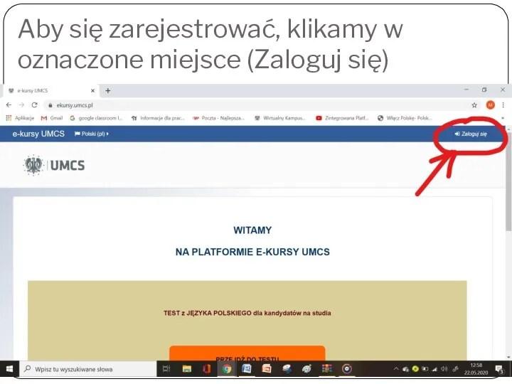 Aby się zarejestrować, klikamy w oznaczone miejsce (Zaloguj się)