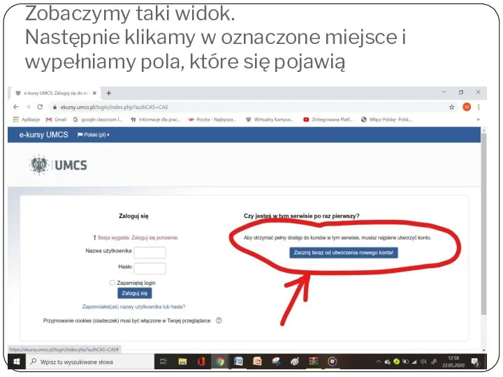 Zobaczymy taki widok. Następnie klikamy w oznaczone miejsce i wypełniamy pola, które się pojawią