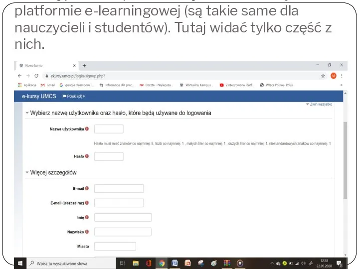 Pola wypełniane podczas rejestrowania się na platformie e-learningowej (są takie same dla