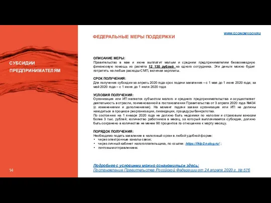 ФЕДЕРАЛЬНЫЕ МЕРЫ ПОДДЕРЖКИ СУБСИДИИ ПРЕДПРИНИМАТЕЛЯМ ОПИСАНИЕ МЕРЫ: Правительство в мае и июне