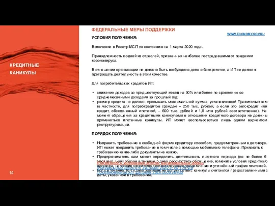 14 ФЕДЕРАЛЬНЫЕ МЕРЫ ПОДДЕРЖКИ КРЕДИТНЫЕ КАНИКУЛЫ УСЛОВИЯ ПОЛУЧЕНИЯ: Включение в Реестр МСП