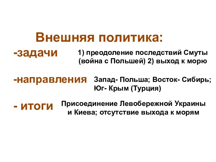 Внешняя политика: -задачи -направления - итоги 1) преодоление последствий Смуты (война с