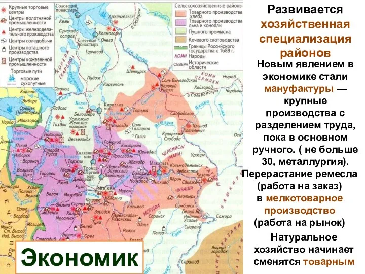 Развивается хозяйственная специализация районов Новым явлением в экономике стали мануфактуры — крупные