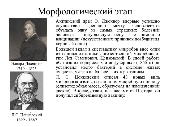 Морфологический этап Английский врач Э. Дженнер впервые успешно осуществил древнюю мечту человечества: