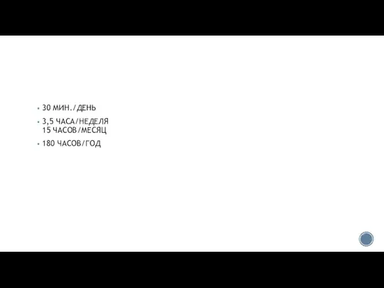 30 МИН./ДЕНЬ 3,5 ЧАСА/НЕДЕЛЯ 15 ЧАСОВ/МЕСЯЦ 180 ЧАСОВ/ГОД