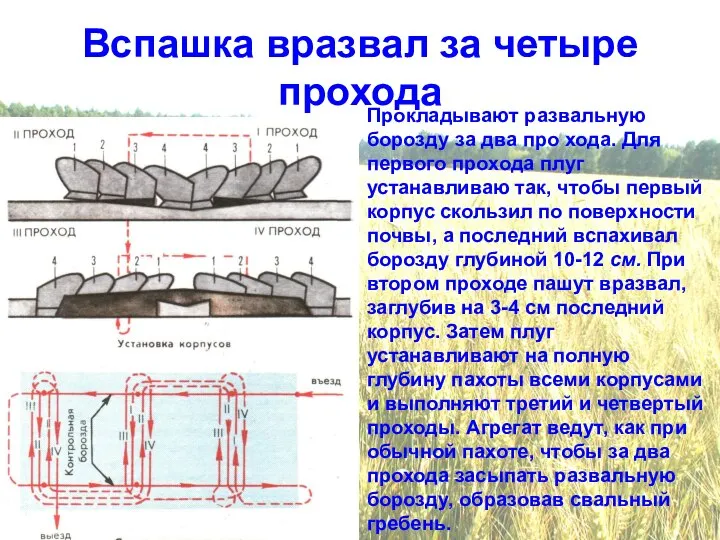 Вспашка вразвал за четыре прохода Прокладывают развальную борозду за два про хода.