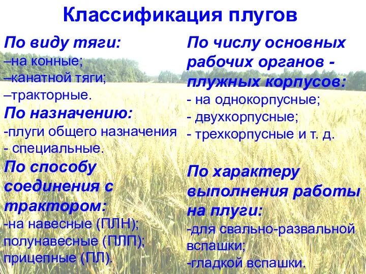 Классификация плугов По числу основных рабочих органов - плужных корпусов: - на