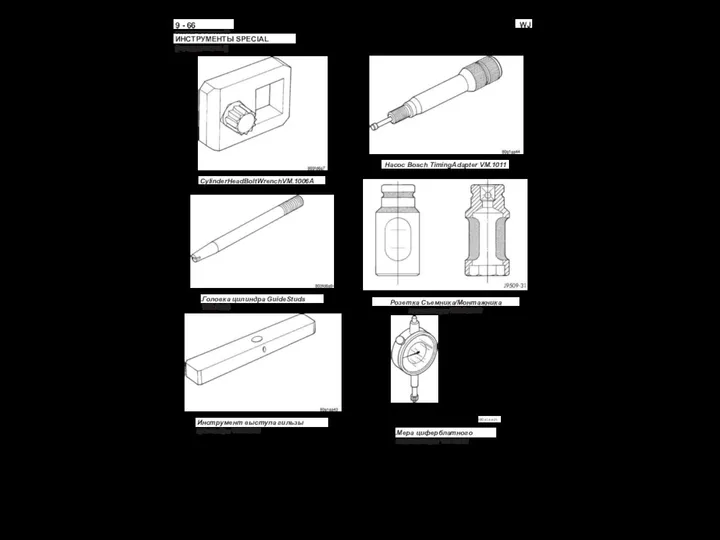 9 - 66 ДВИГАТЕЛЕЙ WJ ИНСТРУМЕНТЫ SPECIAL (продолжены) CylinderHeadBoltWrenchVM.1006A Насос Bosch TimingAdapter