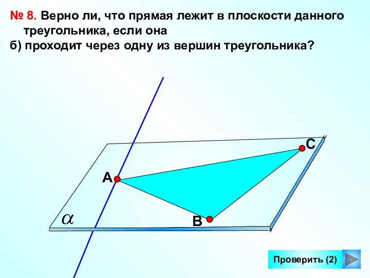 Проверить (2) № 8. Верно ли, что прямая лежит в плоскости данного