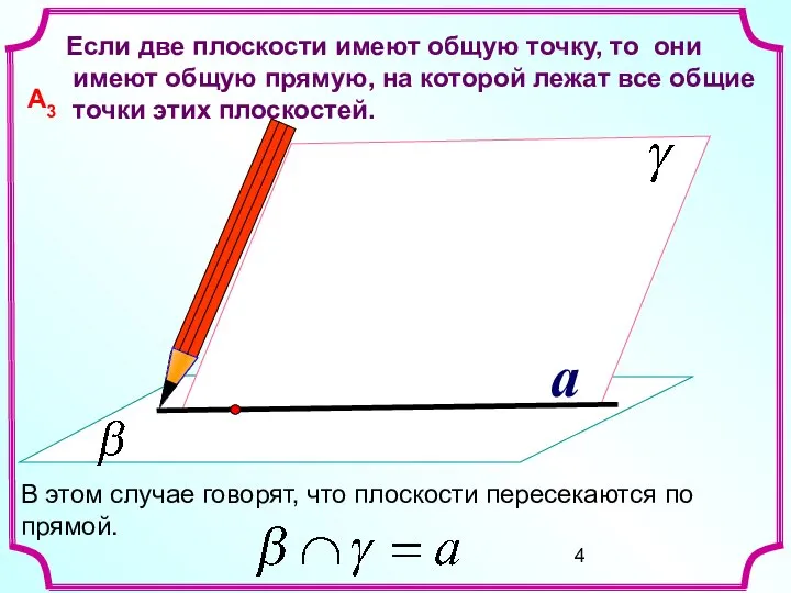 a Если две плоскости имеют общую точку, то они имеют общую прямую,