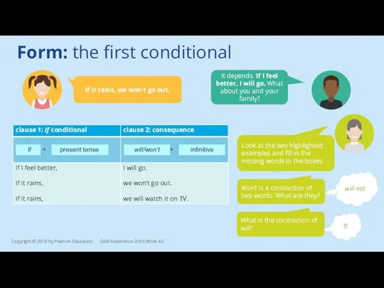 Form: the first conditional It depends. If I feel better, I will