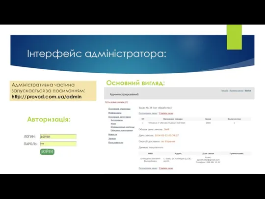 Інтерфейс адміністратора: Авторизація: Основний вигляд: Адміністративна частина запускається за посиланням: http://provod.com.ua/admin